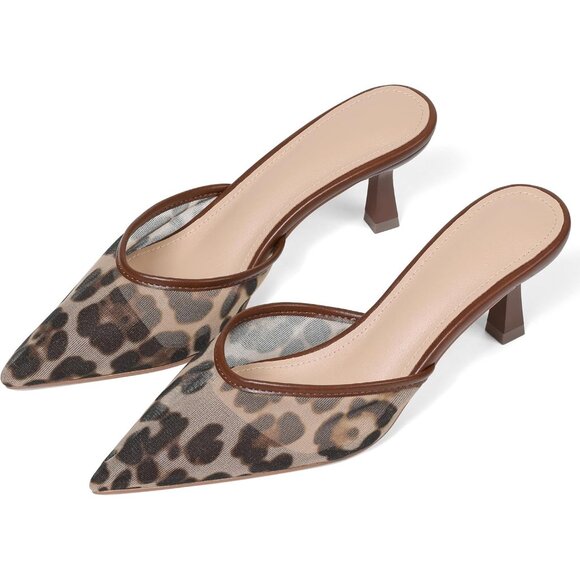 Mesh Leopard Closed Pointed Toe Stiletto Slingback Heels Black Mules for Women - Picture 2 of 7